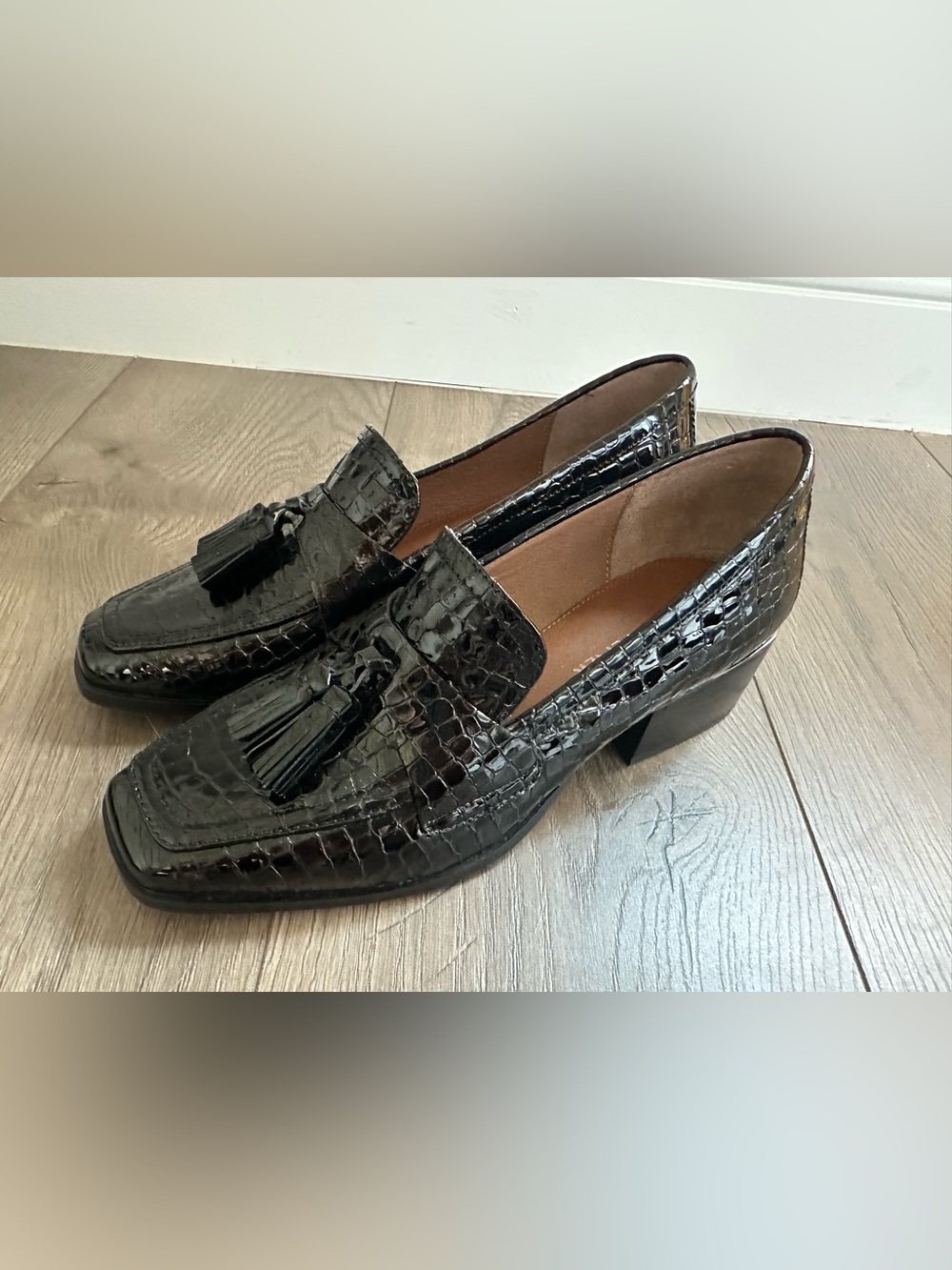 Donald Pliner Black Patent Leather with Tassels, 1 3/4" Heeled Loafers - Picture 2 of 9